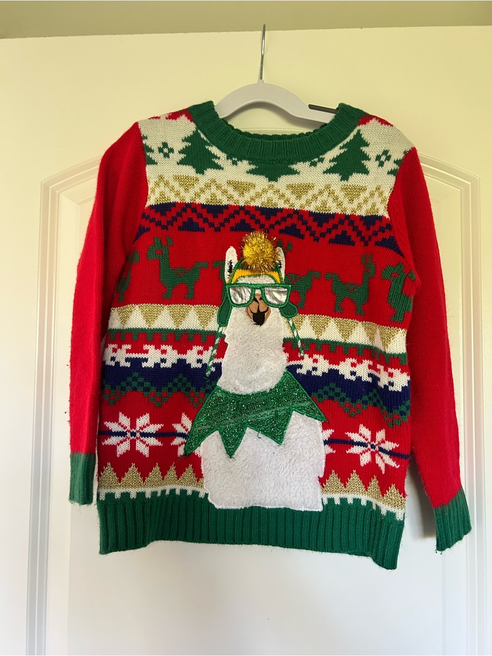 Holiday Time Red & Green Llama Christmas Crewneck Sweater